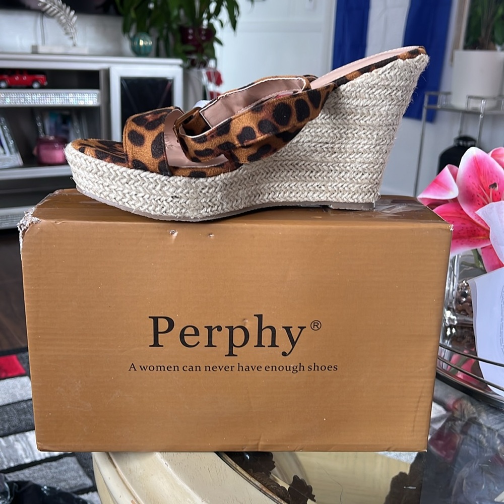 Tan and Brown Espadrille Wedges with Animal Print